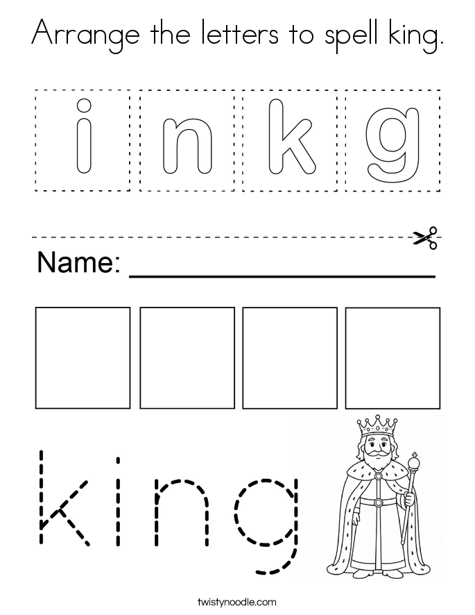 Arrange the letters to spell king. Coloring Page