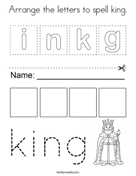 Arrange the letters to spell king. Coloring Page