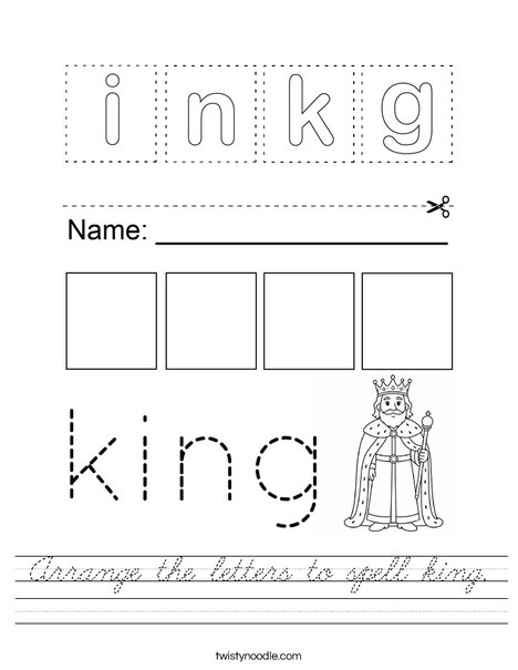 Arrange the letters to spell king. Worksheet
