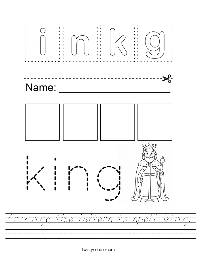 Arrange the letters to spell king. Worksheet