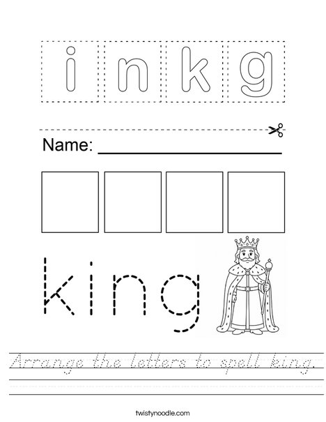 Arrange the letters to spell king. Worksheet
