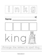 Arrange the letters to spell king Handwriting Sheet