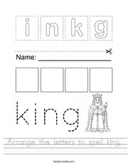 Arrange the letters to spell king Handwriting Sheet