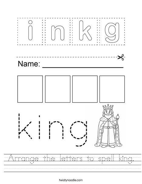 Arrange the letters to spell king. Worksheet
