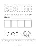 Arrange the letters to spell leaf Handwriting Sheet