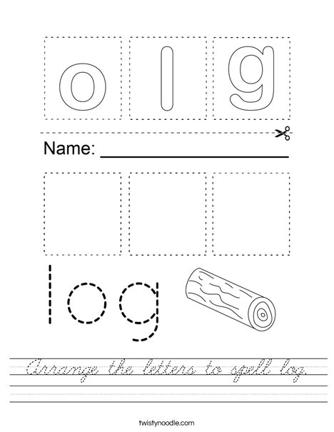 Arrange the letters to spell log. Worksheet