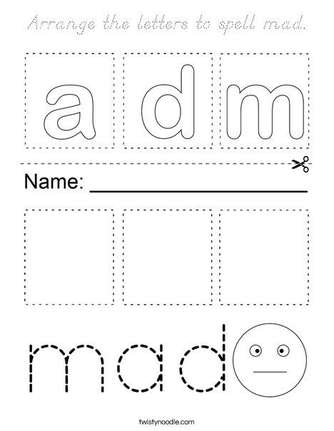 Arrange the letters to spell mad. Coloring Page