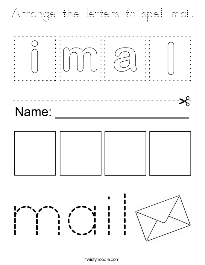 Arrange the letters to spell mail. Coloring Page