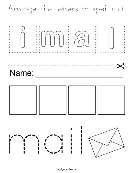 Arrange the letters to spell mail. Coloring Page