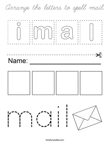 Arrange the letters to spell mail. Coloring Page