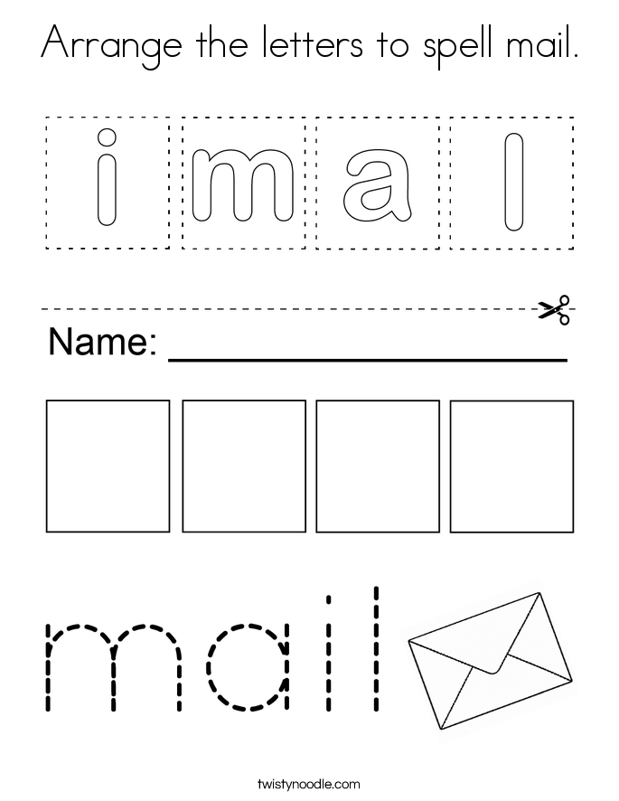 Arrange the letters to spell mail. Coloring Page