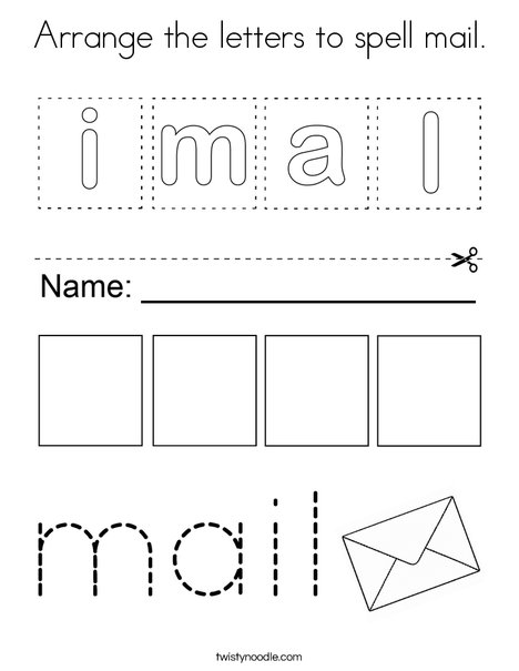 Arrange the letters to spell mail. Coloring Page