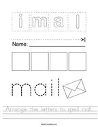 Arrange the letters to spell mail Handwriting Sheet