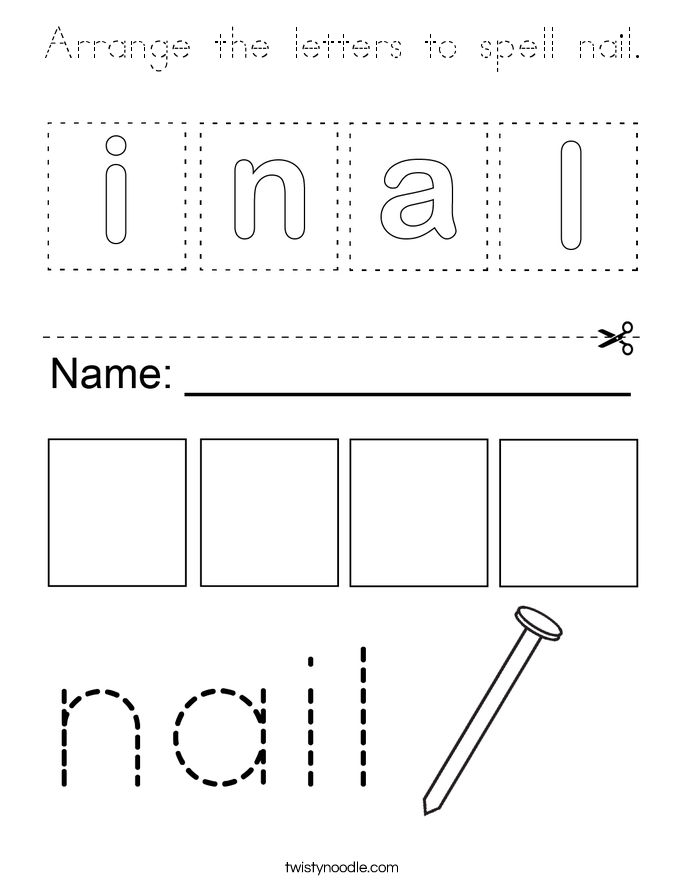 Arrange the letters to spell nail. Coloring Page