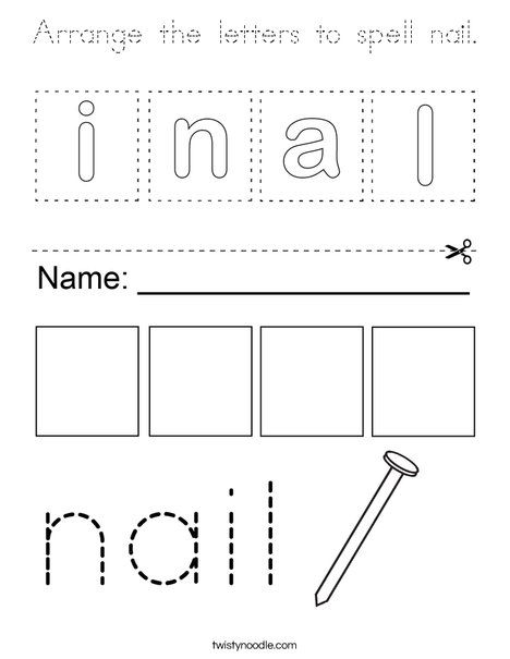 Arrange the letters to spell nail. Coloring Page