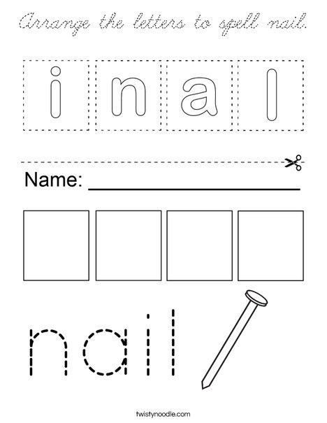 Arrange the letters to spell nail. Coloring Page