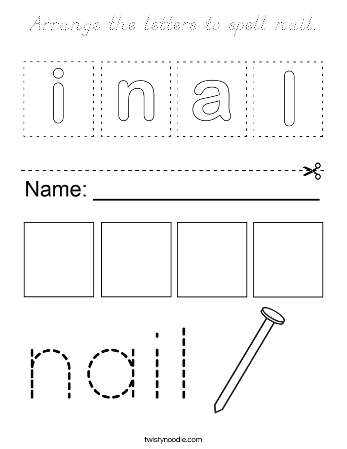 Arrange the letters to spell nail. Coloring Page