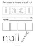 Arrange the letters to spell nail. Coloring Page