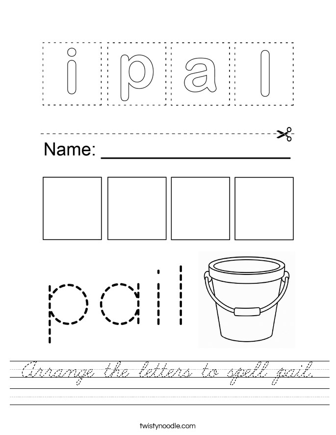 Arrange the letters to spell pail. Worksheet