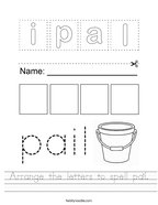 Arrange the letters to spell pail Handwriting Sheet