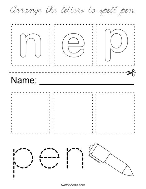 Arrange the letters to spell pen. Coloring Page