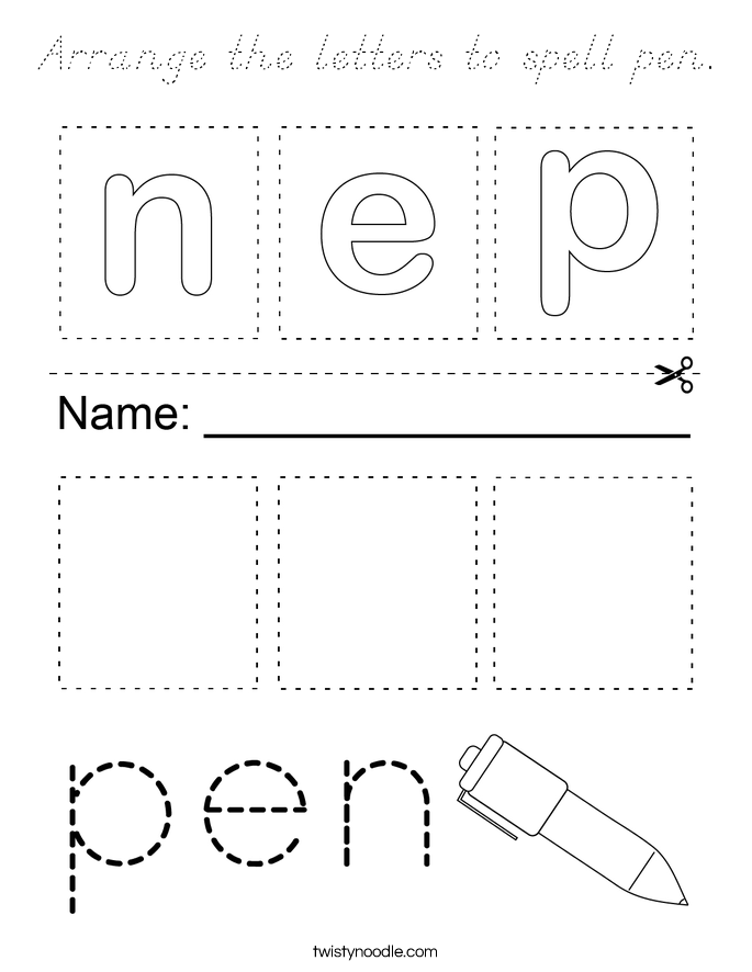 Arrange the letters to spell pen. Coloring Page