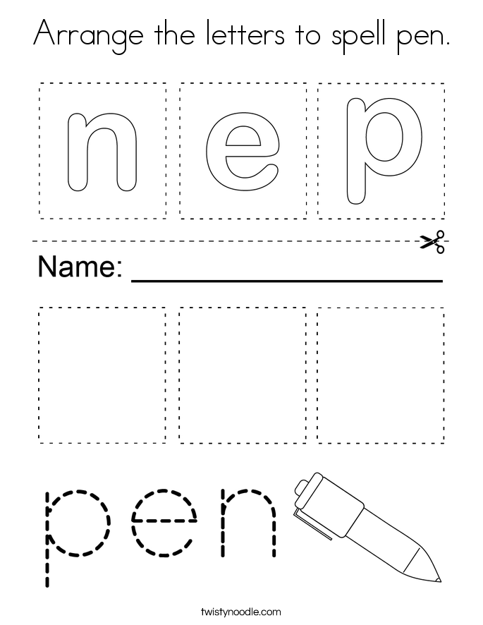 Arrange the letters to spell pen. Coloring Page