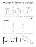 Arrange the letters to spell pen Coloring Page