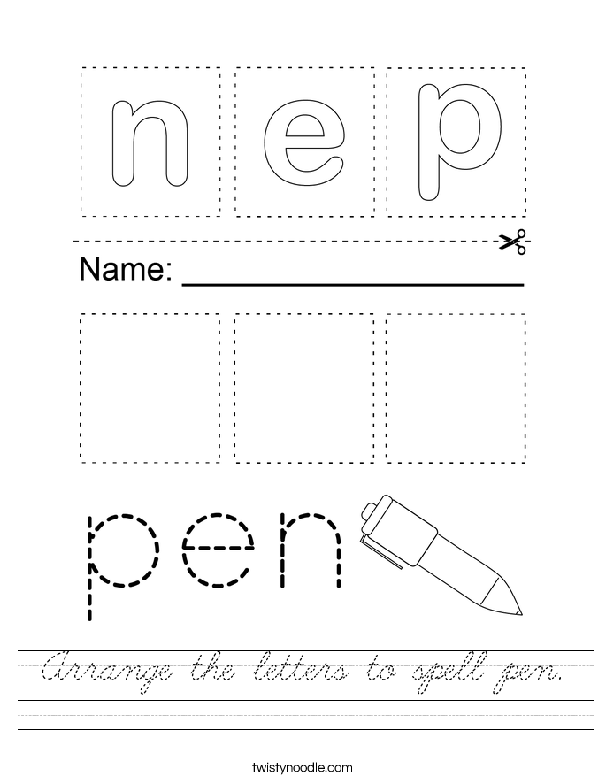 Arrange the letters to spell pen. Worksheet