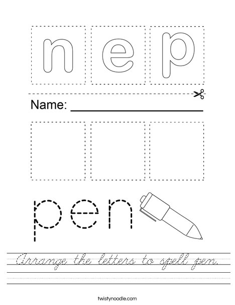 Arrange the letters to spell pen. Worksheet