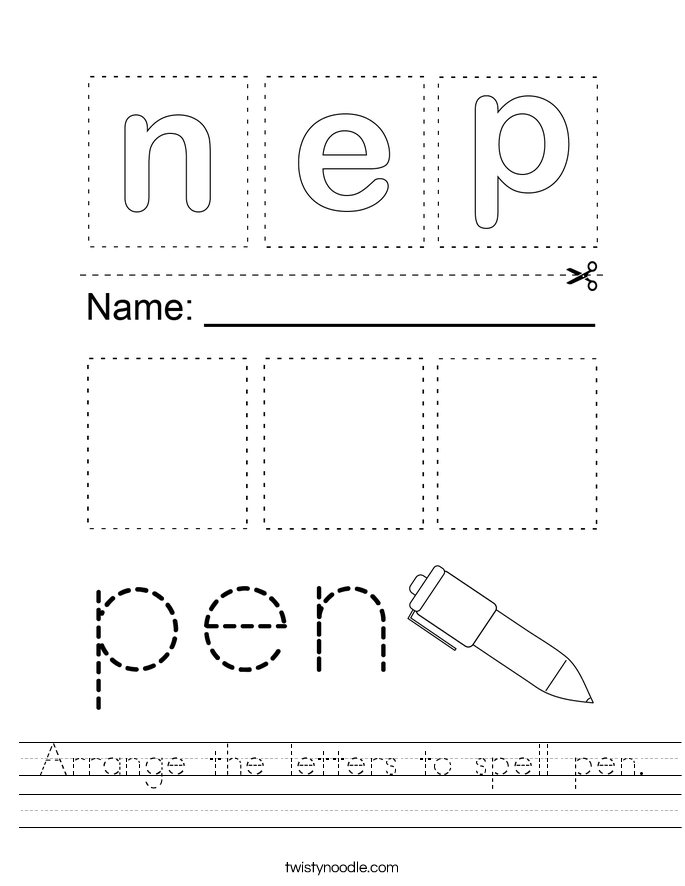 Arrange the letters to spell pen. Worksheet