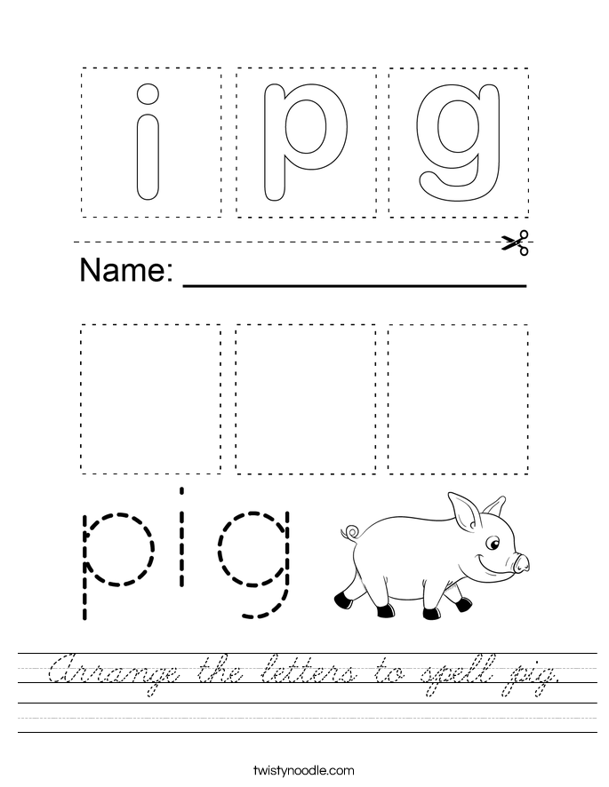 Arrange the letters to spell pig. Worksheet