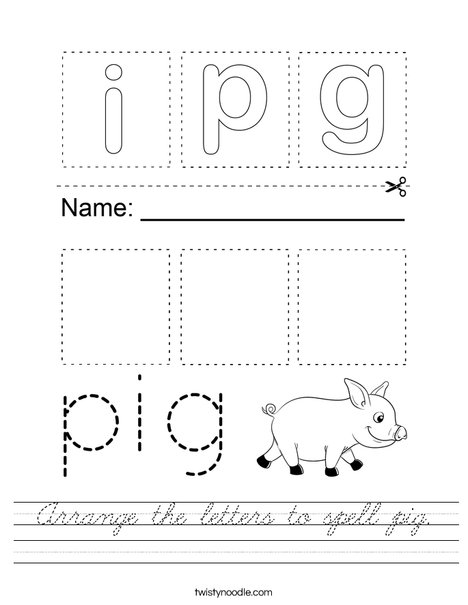 Arrange the letters to spell pig. Worksheet