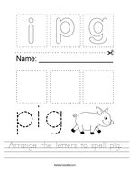 Arrange the letters to spell pig Handwriting Sheet