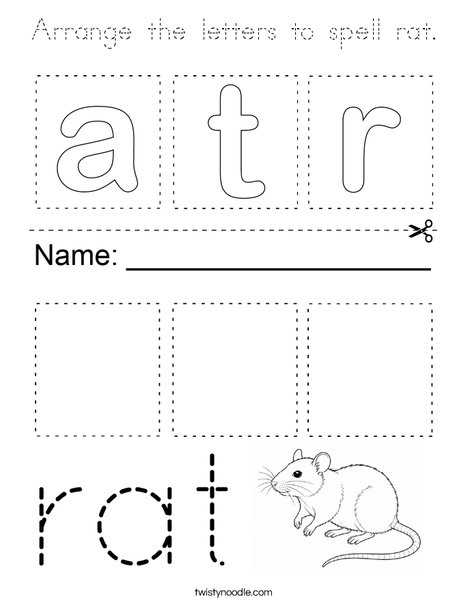 Arrange the letters to spell rat. Coloring Page