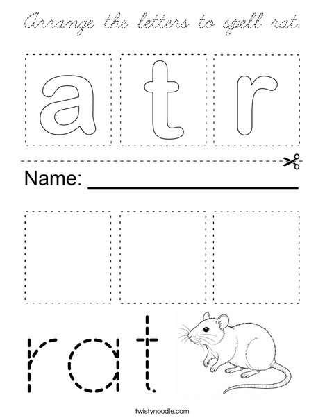 Arrange the letters to spell rat. Coloring Page
