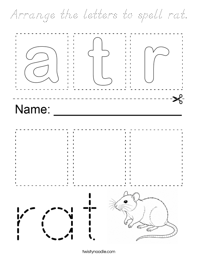 Arrange the letters to spell rat. Coloring Page