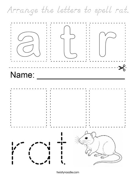 Arrange the letters to spell rat. Coloring Page