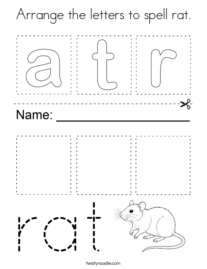Arrange the letters to spell rat. Coloring Page