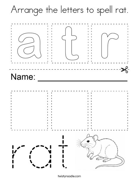 Arrange the letters to spell rat. Coloring Page