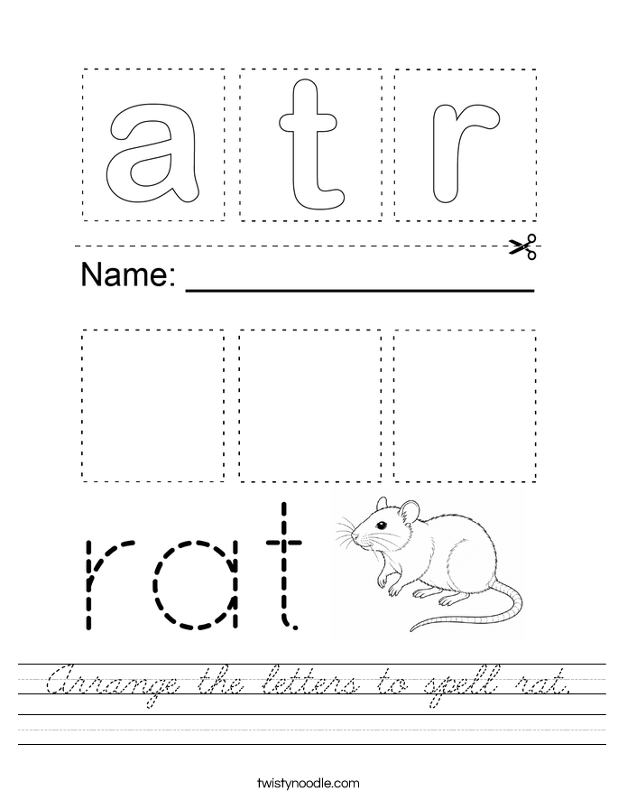 Arrange the letters to spell rat. Worksheet