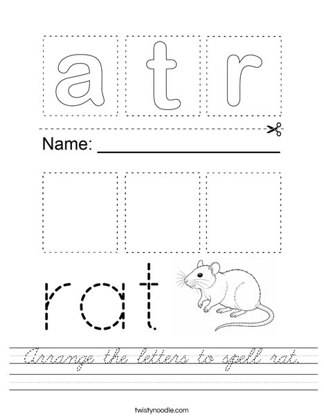 Arrange the letters to spell rat. Worksheet