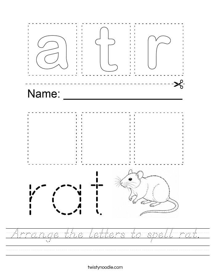 Arrange the letters to spell rat. Worksheet