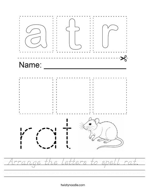 Arrange the letters to spell rat. Worksheet