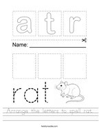 Arrange the letters to spell rat Handwriting Sheet