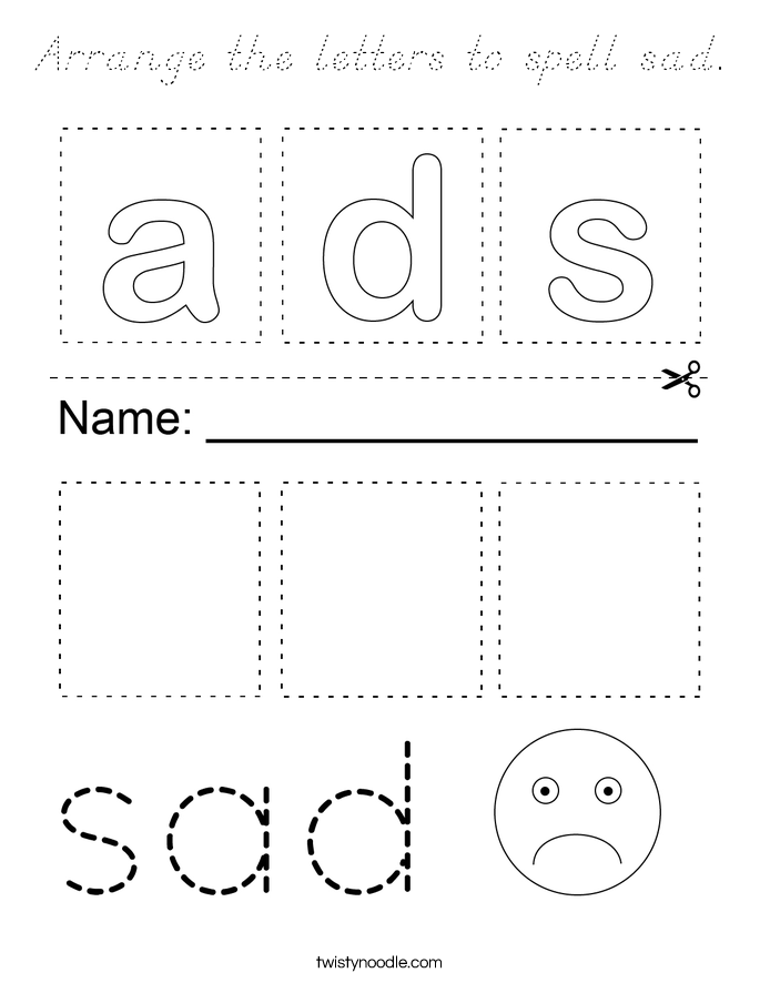 Arrange the letters to spell sad. Coloring Page