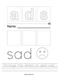 Arrange the letters to spell sad. Worksheet