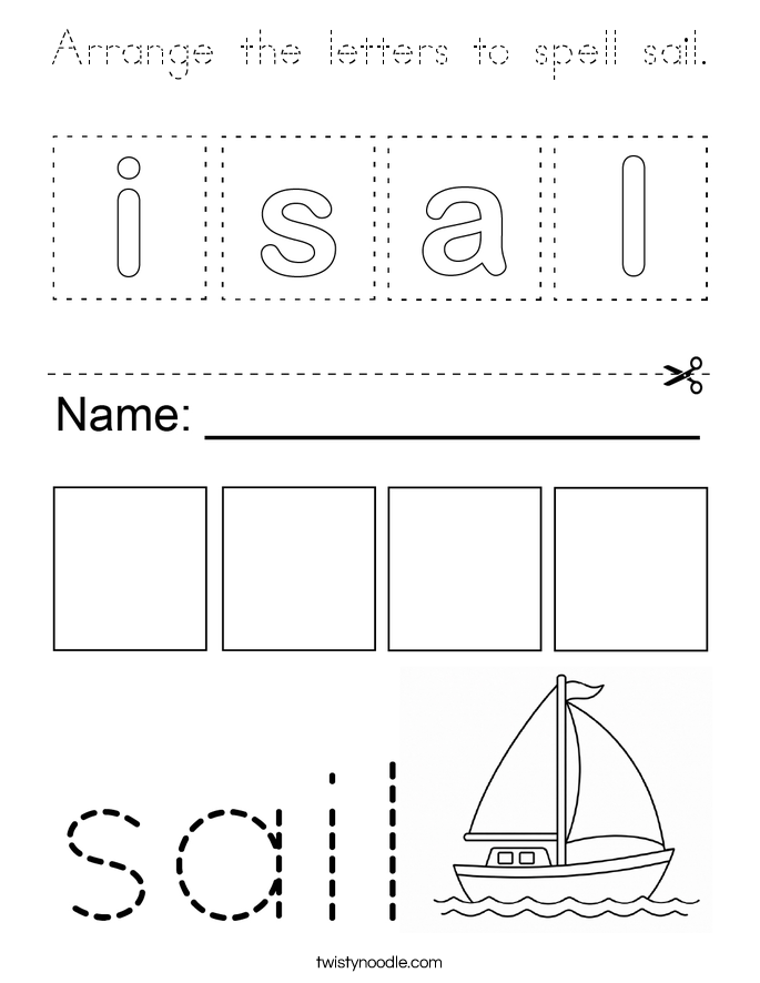 Arrange the letters to spell sail. Coloring Page