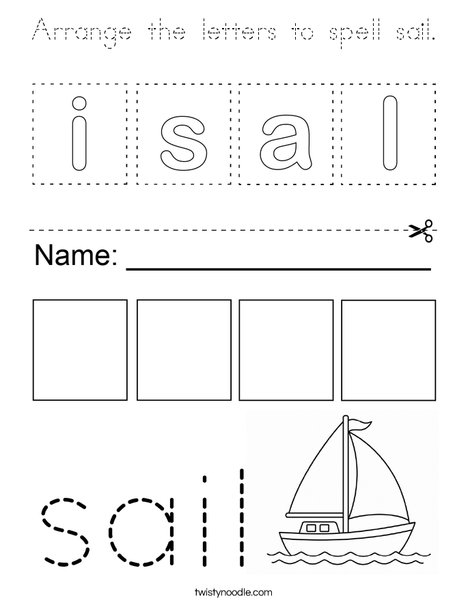 Arrange the letters to spell sail. Coloring Page