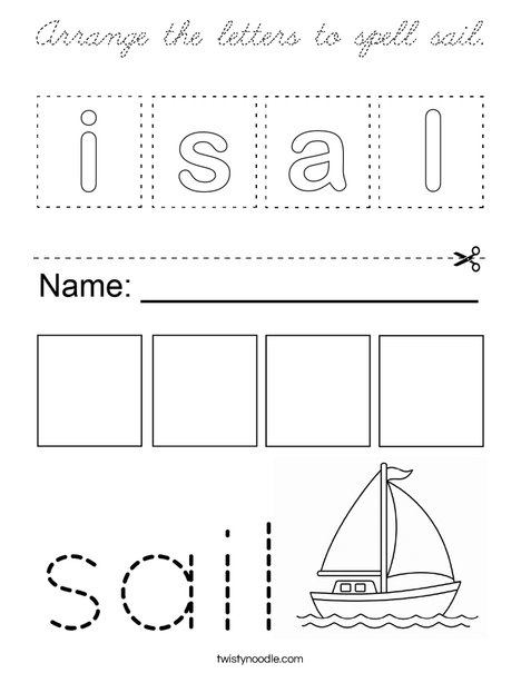 Arrange the letters to spell sail. Coloring Page